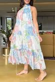 Made In Italy Paradise In Bloom Tiered Long Dress Sky And Rose /20 =